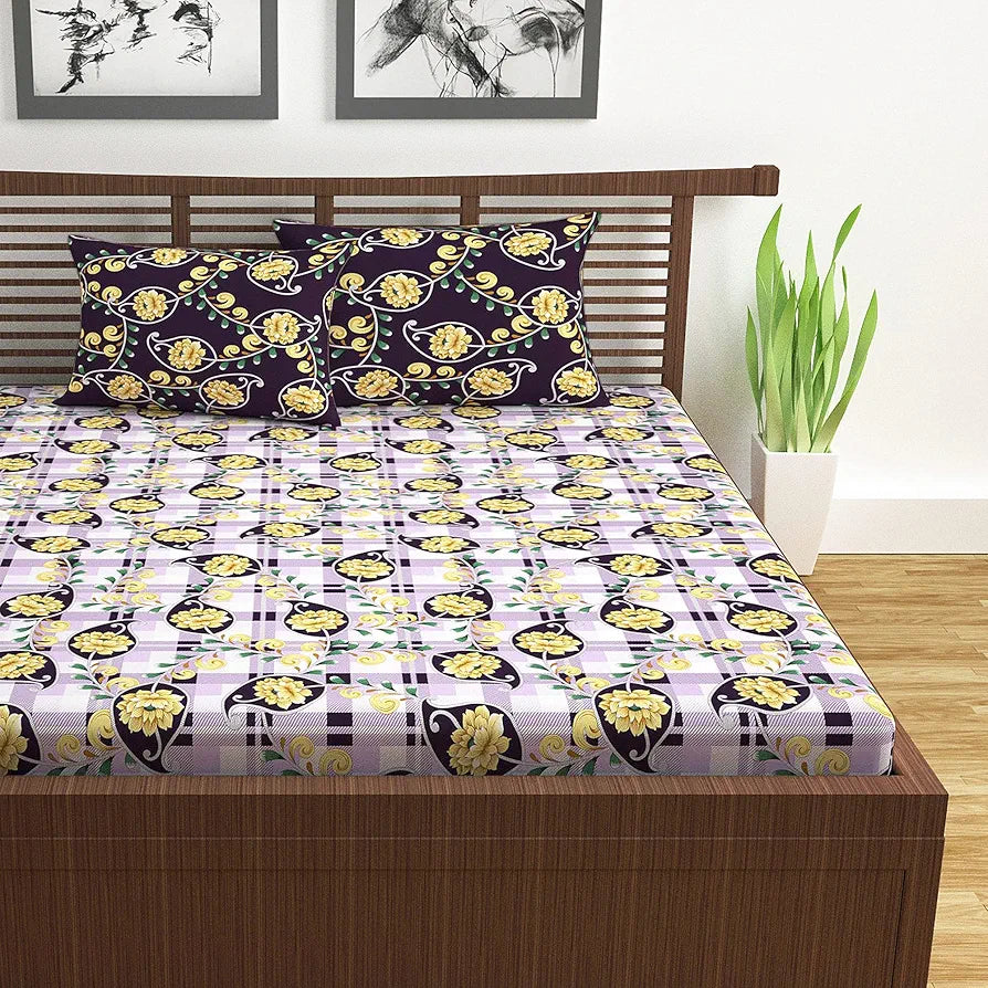 Divine Casa Double Size Bedsheet for Double Bed 144 TC Pure Cotton Queen Size with 2 Pillow Covers Floral Colour Royal Lilac