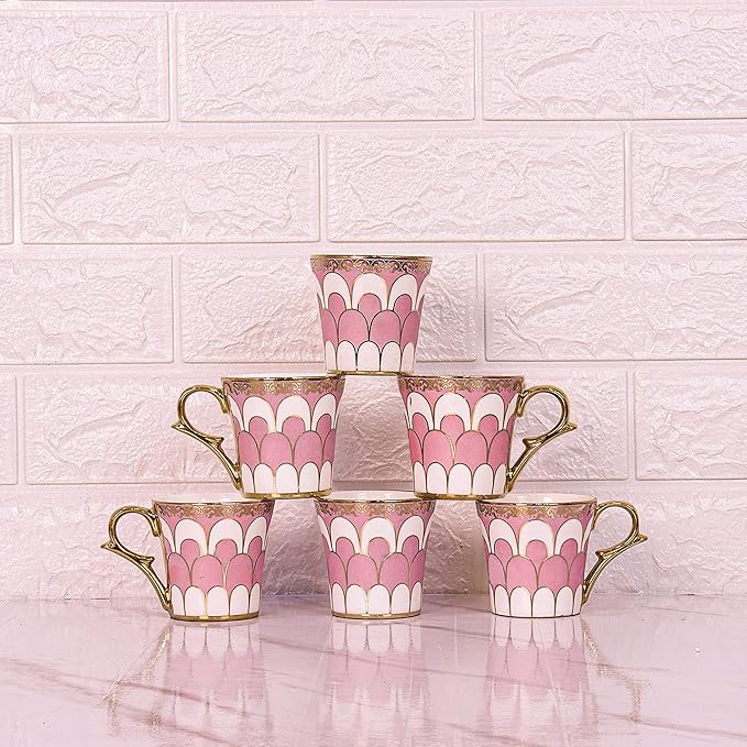 Femora Water Drop Scale Pattern Golden Coffee Mugs | 160 Ml | Pink | 6 Pieces Set | Not Microwave Safe