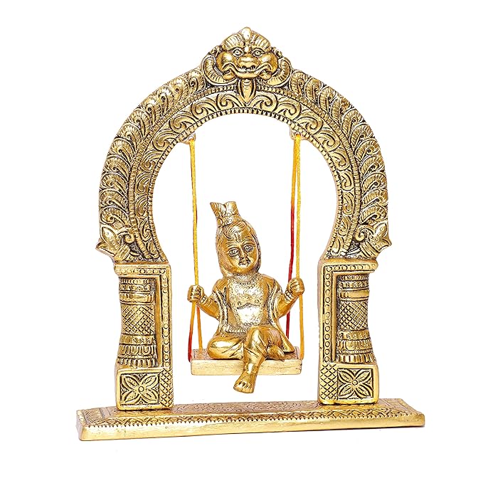 KridayKraft Metal Laddu Gopal Swing Jhula Gold Plated Krishna Jhula palna for Temple Pooja