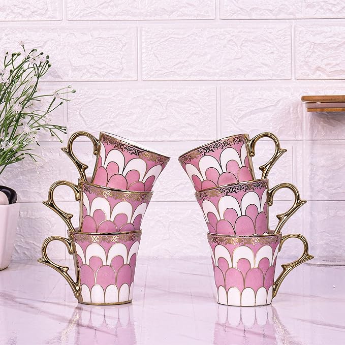 Femora Water Drop Scale Pattern Golden Coffee Mugs | 160 Ml | Pink | 6 Pieces Set | Not Microwave Safe