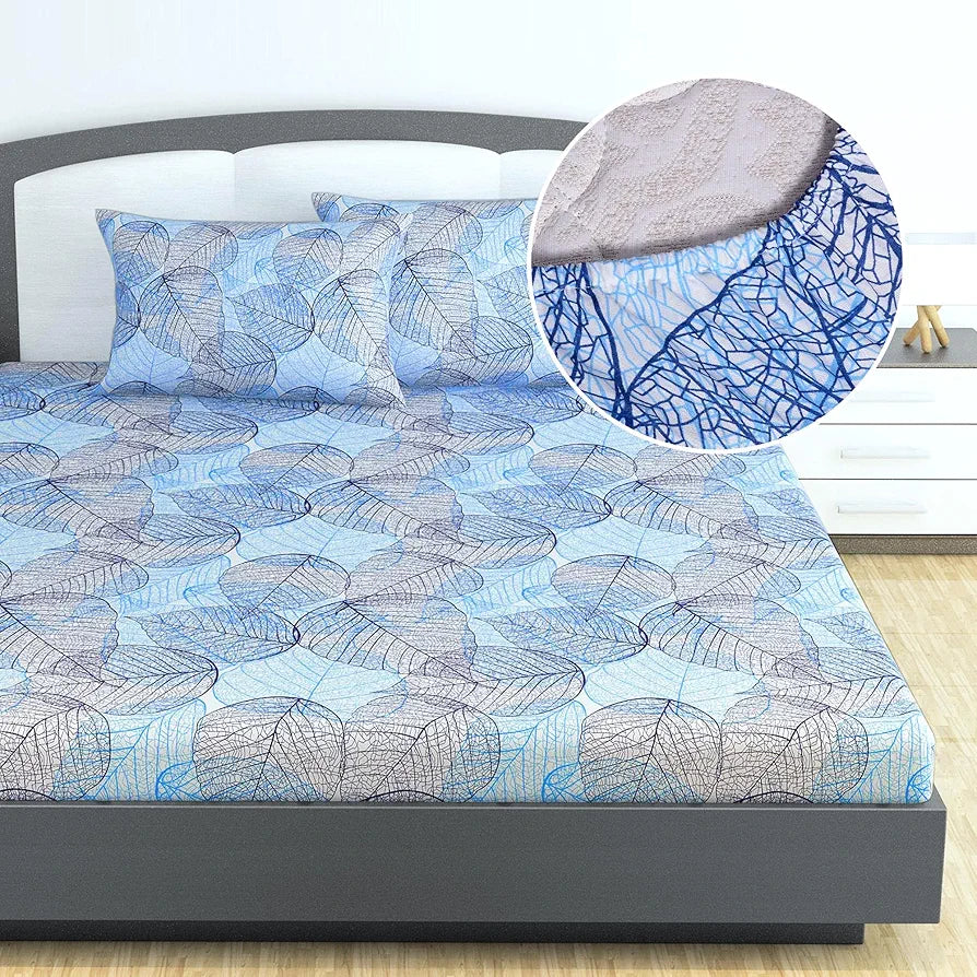 Divine Casa 144 TC Cotton Fitted Bedsheet for King Bed Floral Print Blue Skin-Friendly & Breathable Elastic Fit 100% Cotton