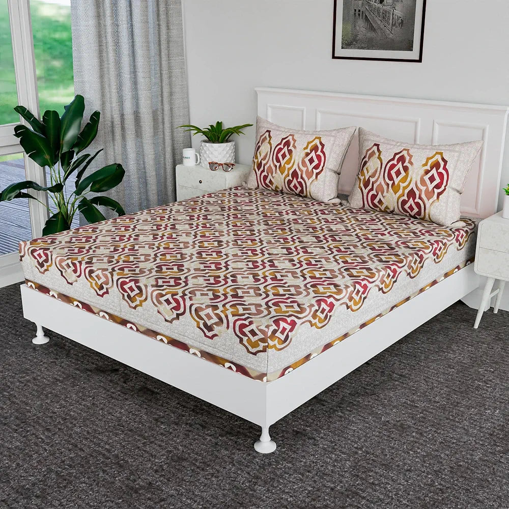 Kuber Industries Cotton Bedsheets for Double Bed with 2 Pillow Covers Rusty Star Flower -Brown