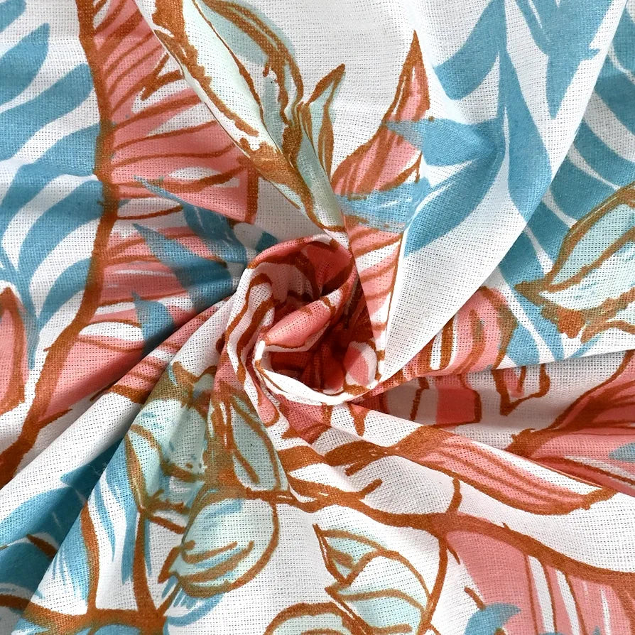 Divine Casa 144 TC Pure Cotton Double Bed Bedsheet with 2 Pillow Covers Floral Breeze Colour Coral Aqua