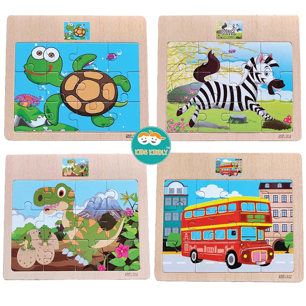 KIDS KINDLY Wooden 12 Piece Jigsaw Puzzle for Kids, Animals & Vehicle Theme Game, Promotes Fine Motor Skills, Improve Hand-Eye Coordination, Puzzle Game for Kids - 3 Years+  Random Design