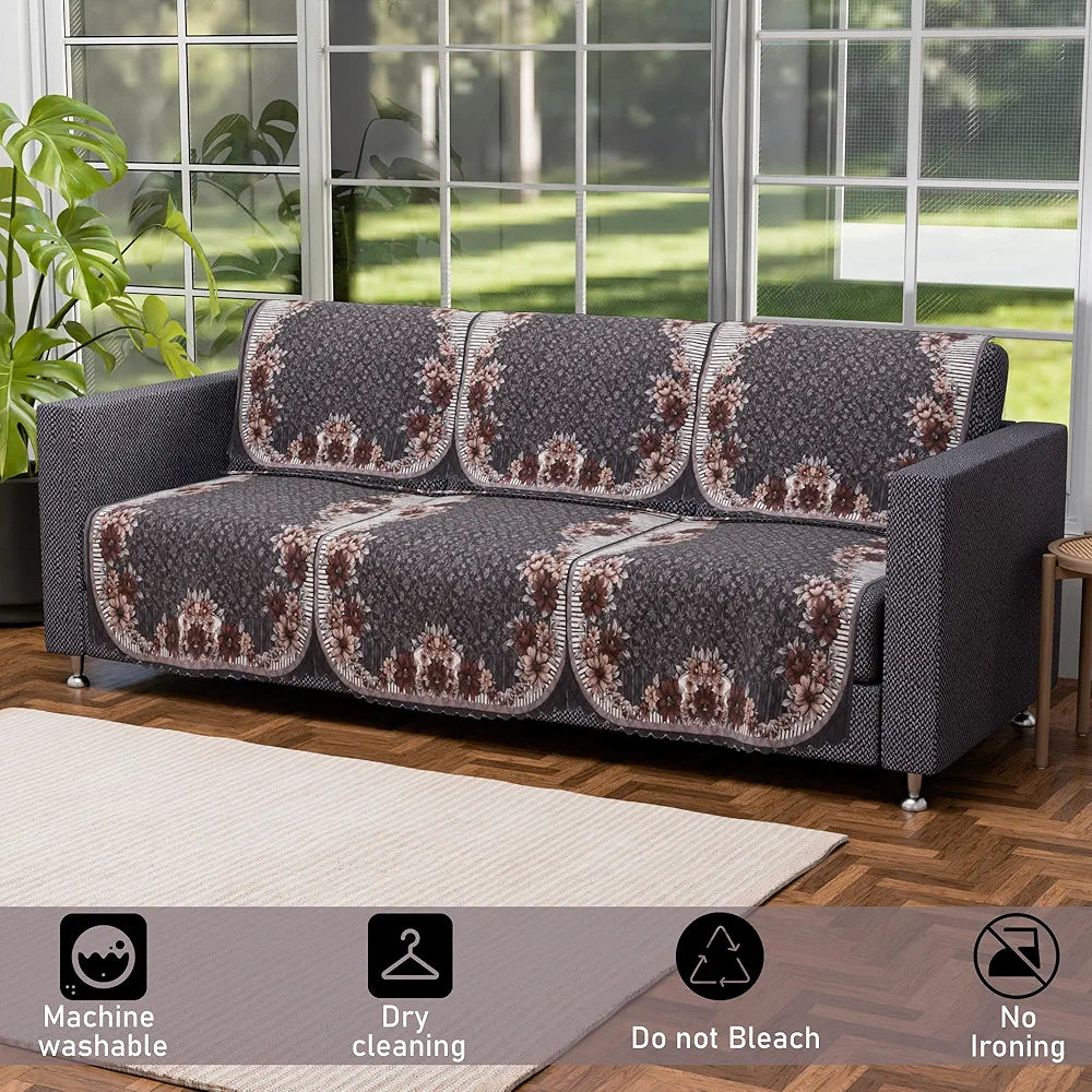 Kuber Industries Set of 10 Anti-Skid Sofa Cover 5-Seater Floral Print Dark Olive Green
