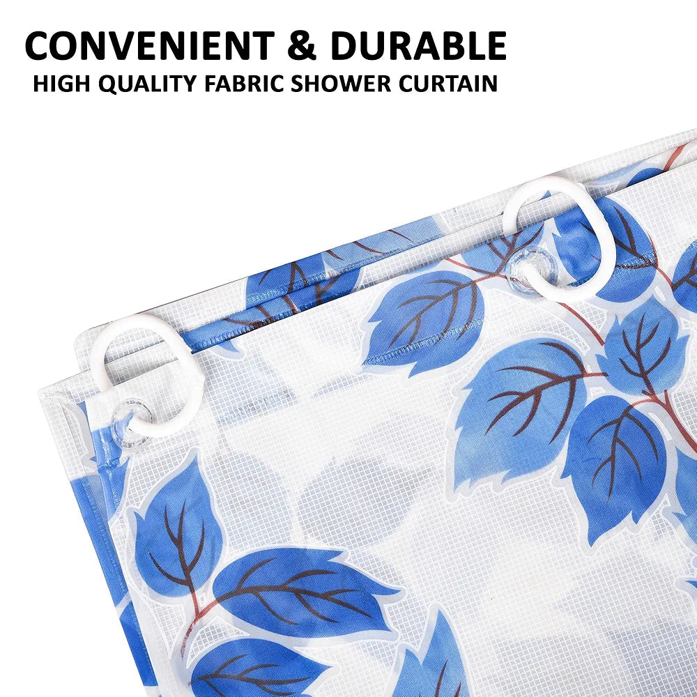 Kuber Industries Shower Curtain Bathroom Shower Curtain 8 Rings Curtain Leaf Print Blue
