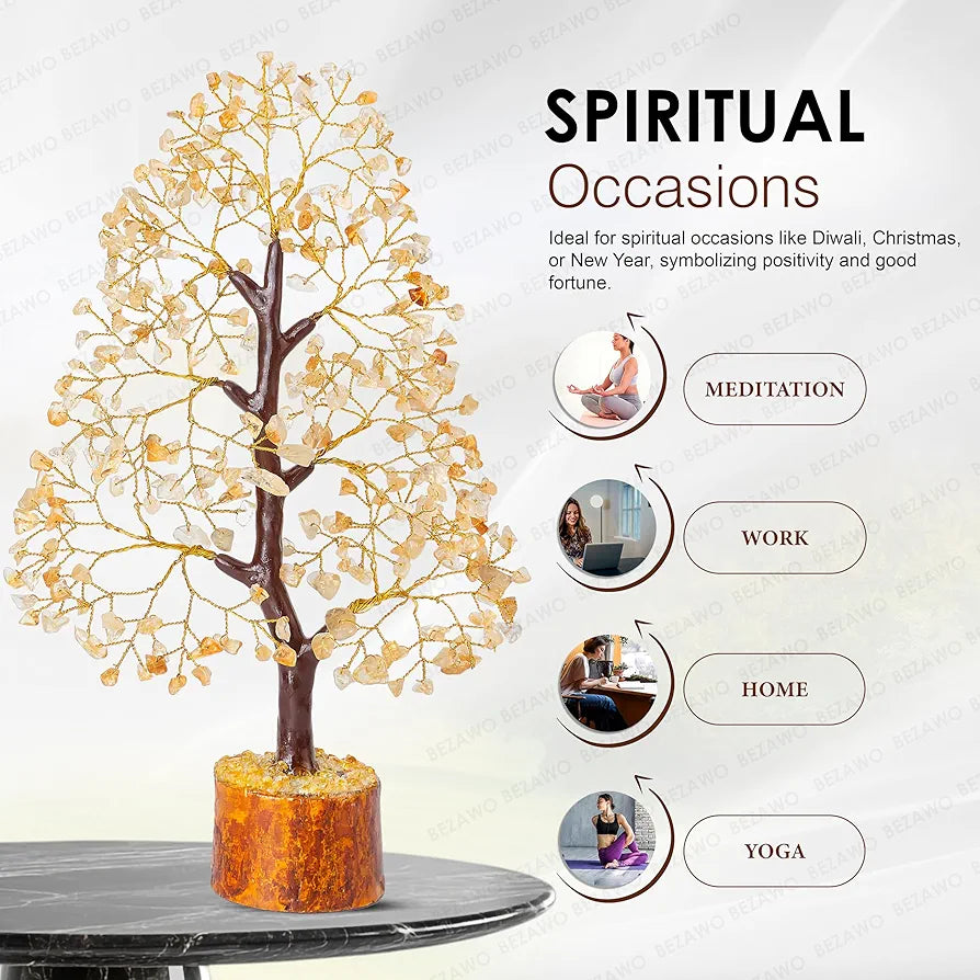 Bezavo Citrine Crystal Tree of Life Feng Shui Money Tree Golden Wire for Positive Energy & Success