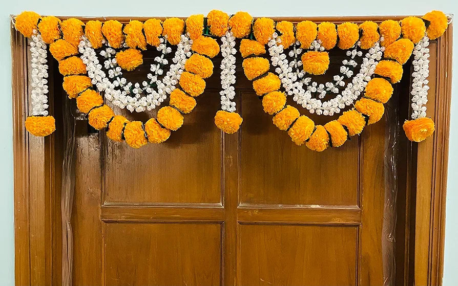 Artificial Marigold Fluffy Flowers Garlands Door Toran Set/Door Hangings Light orange with Jasmine and leaves