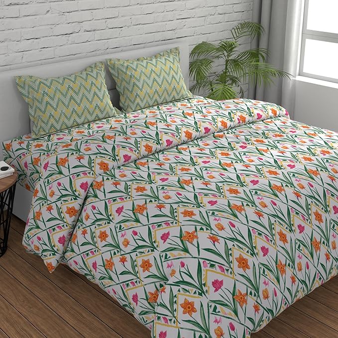 Huesland by Ahmedabad Cotton 144 TC Bedsheet for King Size Bed with 2 Pillow Covers | Botanical Chevron |  Green, Yellow & White