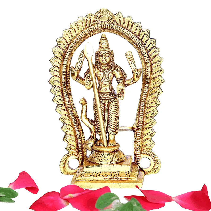 anciently Brass Murugan Idol/Lord Kartikeya Statue/Subrahmanya Swami Idol, 12.5cm Height, Gold Colour - 