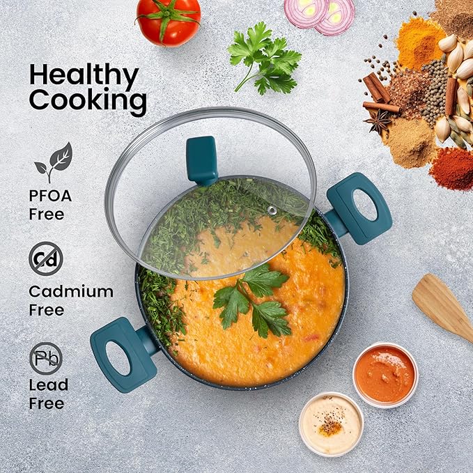 Solara 24 Cm, 2.4 Litres Non Stick Kadai, Granite Stone Kadhai With Glass Lid, Kadai With Lid for Cooking | Bezel