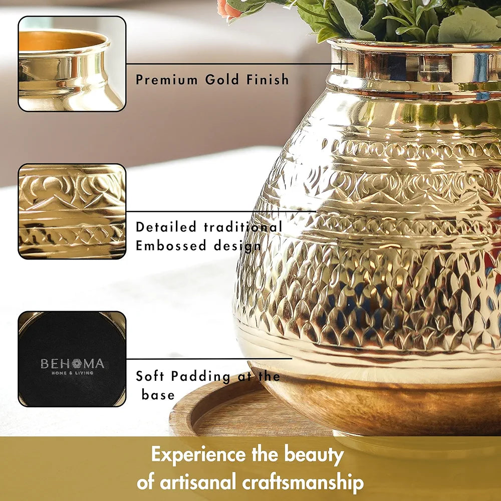 Behoma Matki Shape Metal Flower Vase Traditional Embossed Metal Flower Pot Golden Flowers not Included
