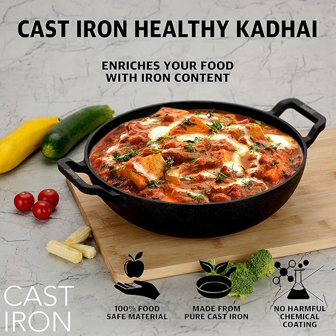 Sumeet Pre Seasoned Heavy Weight Cast Iron Deep Kadai, Induction Friendly 27cm 3150ml 2.770Kg, Black