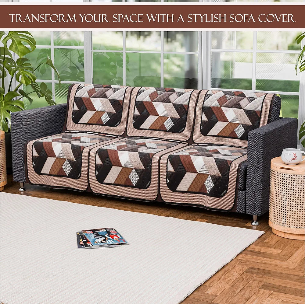 Kuber Industries Set of 6 Velvet 3 Seater Sofa Covers for Living Room Triangular-Cream & Brown