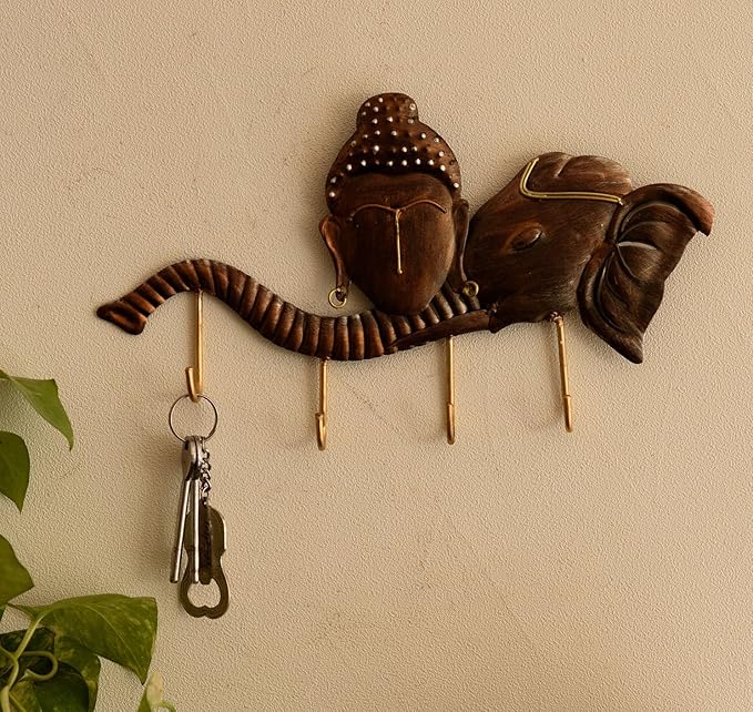 Ecraftindia Buddha Head on Elephant Trunk Wrought Iron Key Holder | Red and Brown