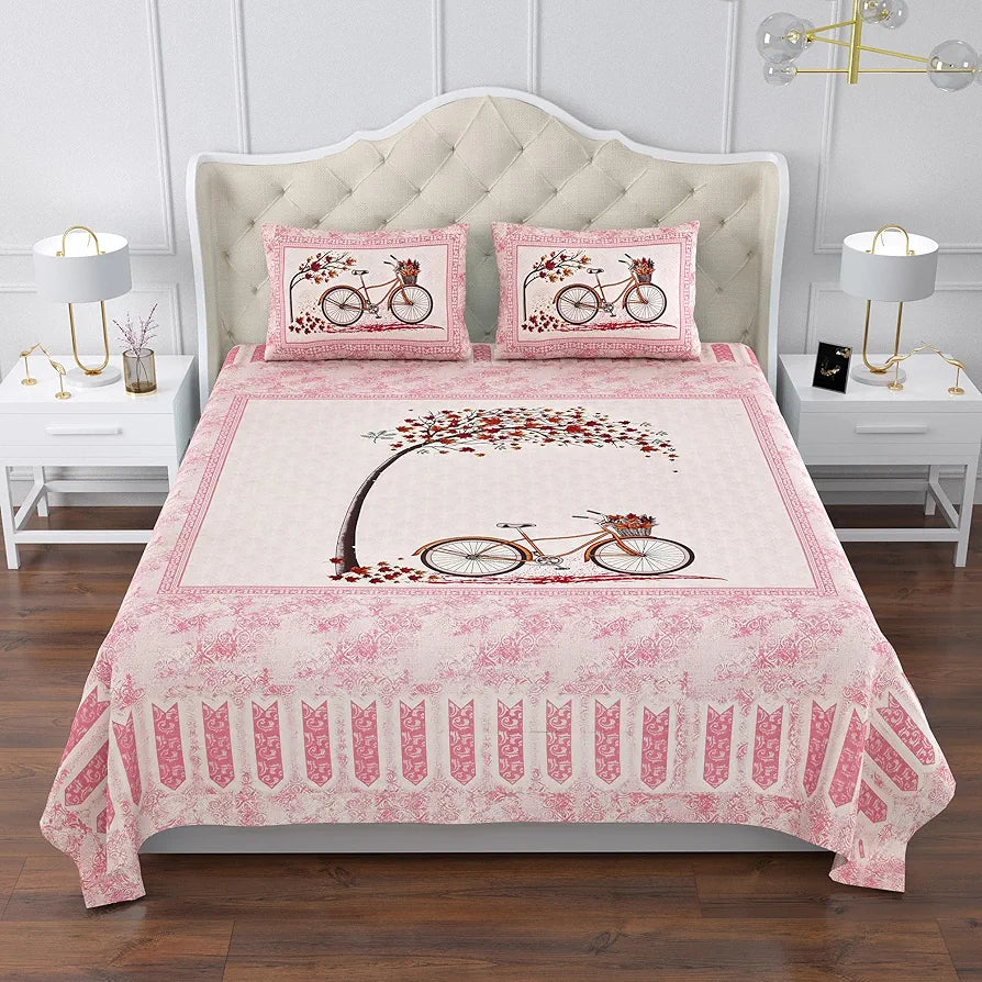 Kuber Industries Double Bedsheet with 2 Pillow Covers 160 TC Premium Cotton Photo Frame Cycle Pink