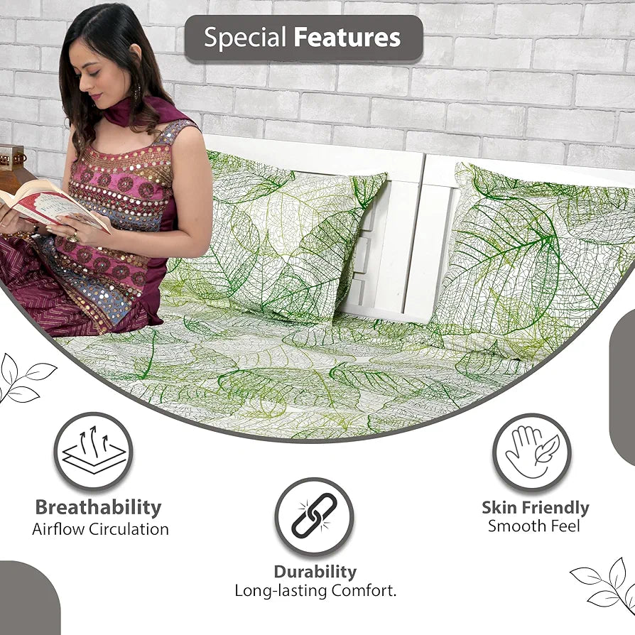 Divine Casa 144 TC Cotton Bedsheet for Double Bed 100% Cotton Colour Sage Green Floral Print with 2 Pillow Covers