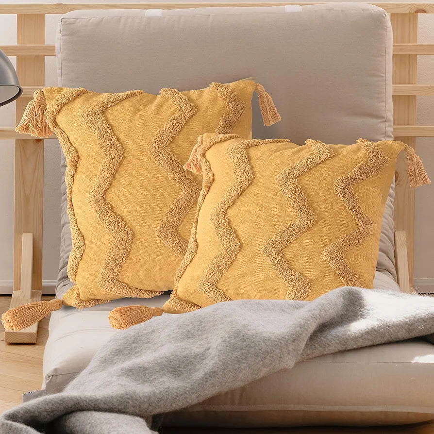 Sashaa World Honey Chevron Tufted Cushion Cover With Tassels Colour Yellow