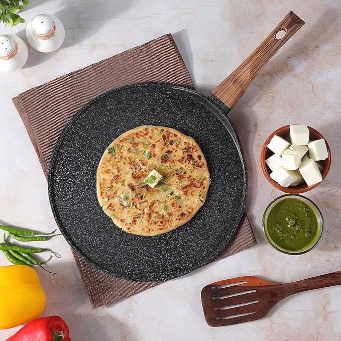 Vinod Zest Plus Aluminium Die Cast Non Stick Roti / Chapati Tawa - 31 cm | 5mm Thick | 5 Layer Coating | Scratch Proof | Wooden Finish Handle