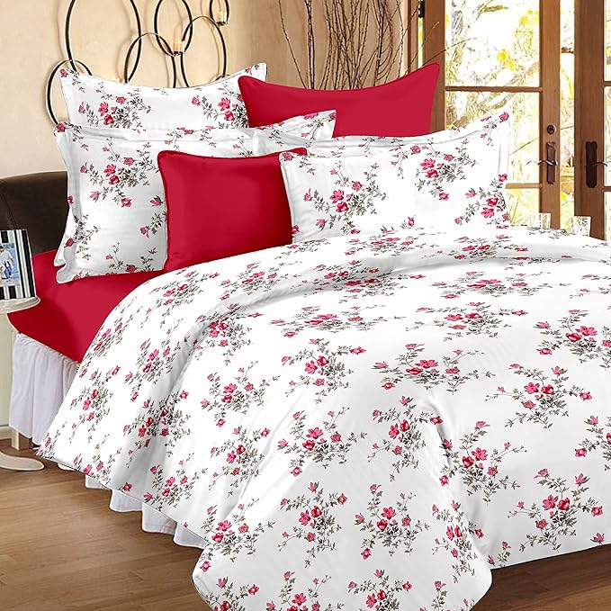 Huesland by Ahmedabad Cotton 144 TC Cotton King Size Bedsheet with 2 Pillow Covers - White, Pink