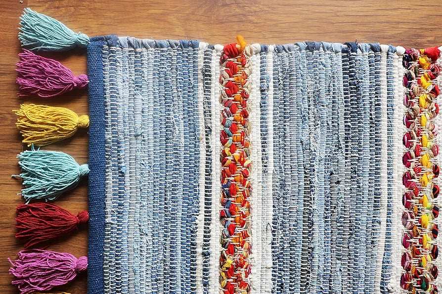 The Home Talk Cotton Chindi Rug Denim Carpets for Living Room Hallway Bedroom Dining Room Denim Blue