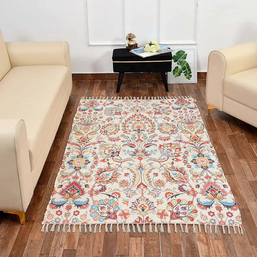 Homadorn Handmade Sustainable Printed Modern Dhurrie/Rugs/Carpet Colour Off white