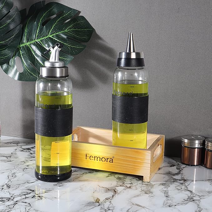 Femora Borosilicate Glass Oil Bottle | 500 Ml | 2 Pieces | In One Wooden Tray for Kitchen