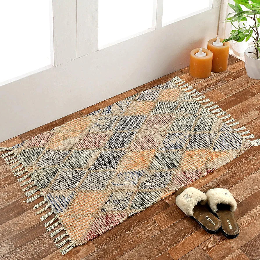 Homadorn Handmade Sustainable Printed Modern Dhurrie/Rugs/Carpet Colour Multicolor 023