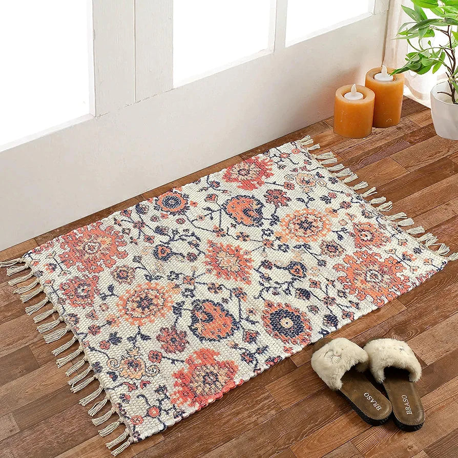Homadorn Handmade Sustainable Printed Modern Dhurrie/Rugs/Carpet Colour Blue Cream