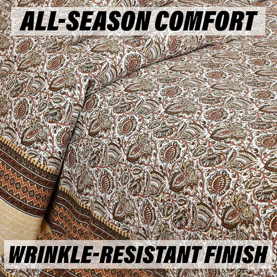 Kuber Industries Double Bedsheet with 2 Pillow Covers 160 TC Premium Cotton Dezier Bell Print Cream