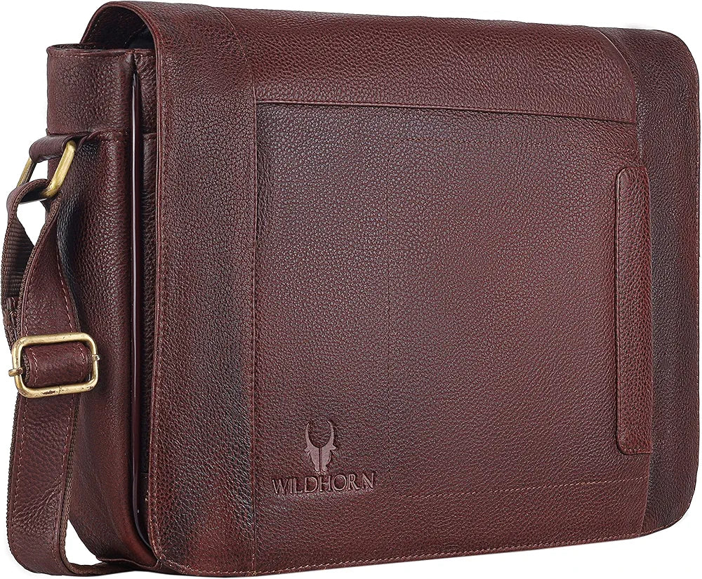 WildHorn Leather Messenger Bag for Men/Office Bag for Men | Fits Upto 15.6 Inch Laptop/MacBook | Laptop Bag/Leather Bag for Men I Dimension : L-16 inch W-3.5 inch H-12 inch