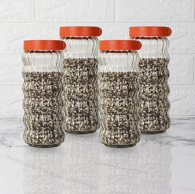 Femora Kitchen Storage Jars Clear Glass With Plastic Stackable Lid Jar | 1000 Ml | Pack of 4