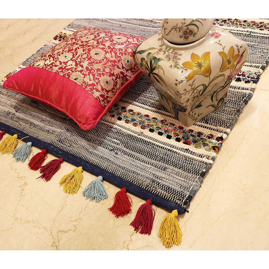 The Home Talk Cotton Chindi Rug Denim Weived Carpets for Bathroom Entrance Door Denim Blue