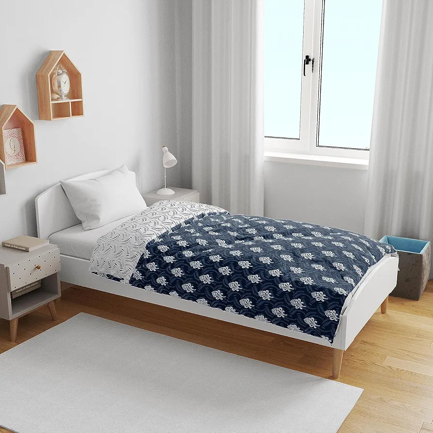 Divine Casa 120 GSM Microfiber Single Kids Dohar Soft & Lightweight Throw Blanket Floral Pattern Colour Medieval Blue & White