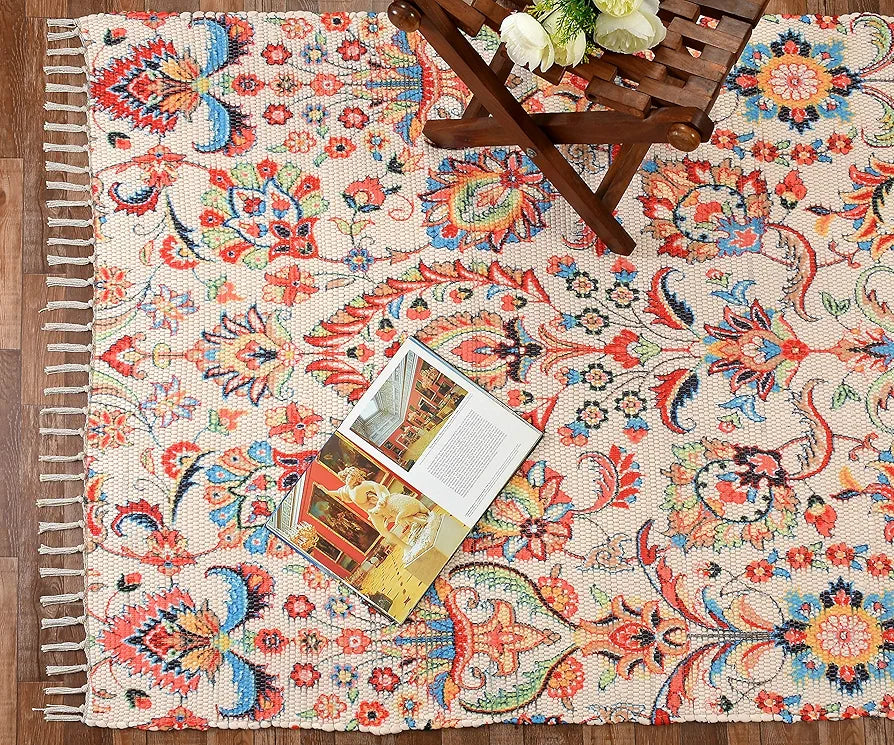 Homadorn Handmade Sustainable Printed Modern Dhurrie/Rugs/Carpet Colour Off white