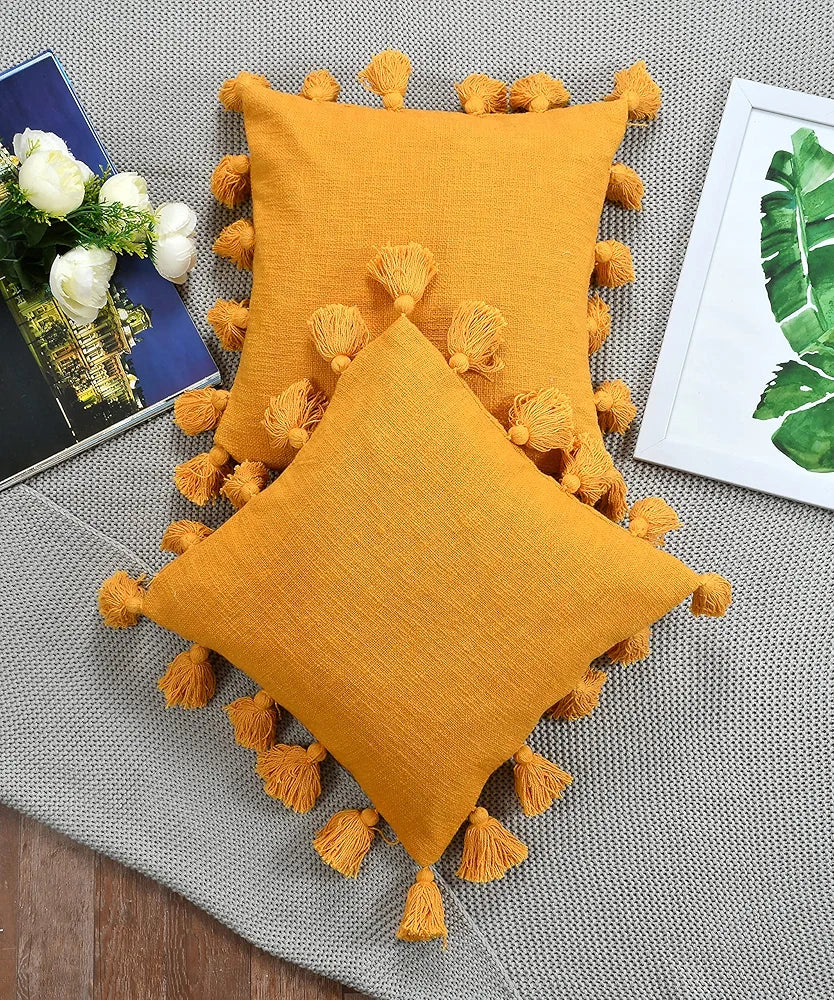 Homadorn Luxury Cotton Handmade Decorative Boho Throw Pillow Covers Colour Mustard