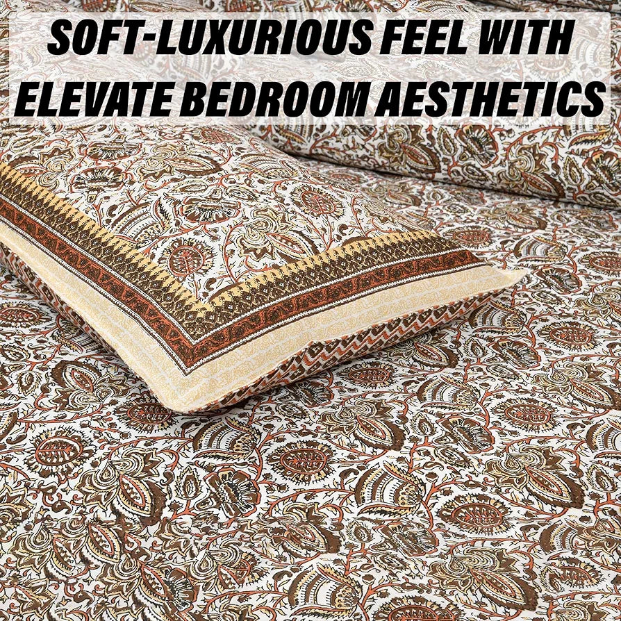 Kuber Industries Double Bedsheet with 2 Pillow Covers 160 TC Premium Cotton Dezier Bell Print Cream