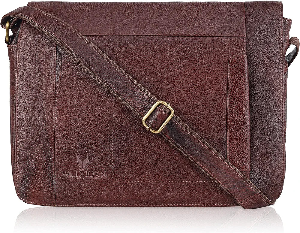 WildHorn Leather Messenger Bag for Men/Office Bag for Men | Fits Upto 15.6 Inch Laptop/MacBook | Laptop Bag/Leather Bag for Men I Dimension : L-16 inch W-3.5 inch H-12 inch