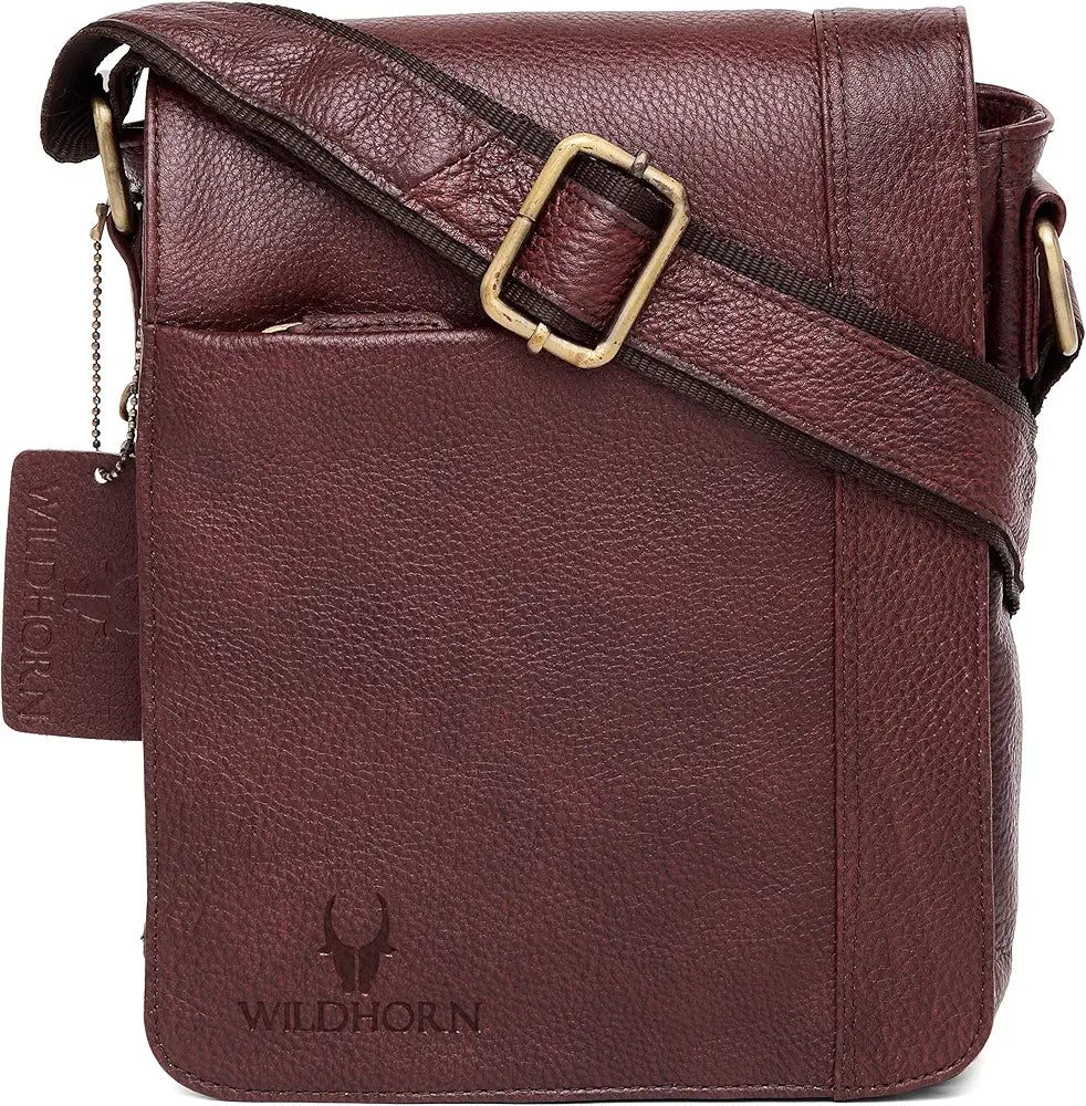 WildHorn Leather 8.5 inch Sling Messenger Bag for Men I Multipurpose Crossbody Bag I Travel Bag with Adjustable Strap I DIMENSION: L- 8.5inch H- 10.5inch W- 3inch