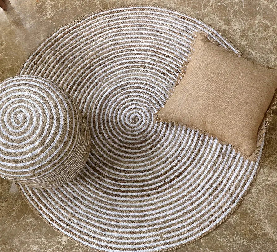 The Home Talk Natural Handcrafted Braided Round Jute Rug 120 cm White