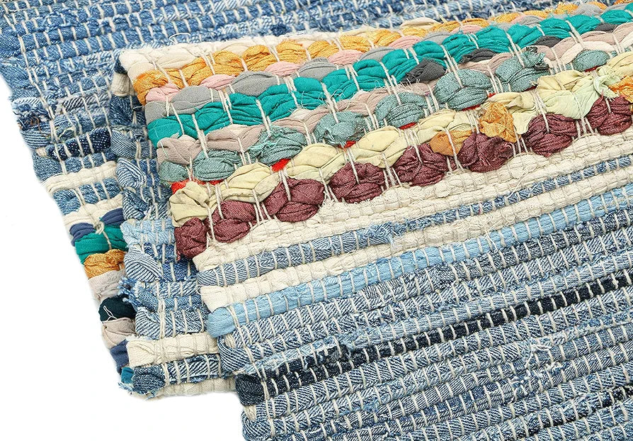 The Home Talk Cotton Chindi Rug Denim Weived Carpets for Bathroom Entrance Door Denim Blue
