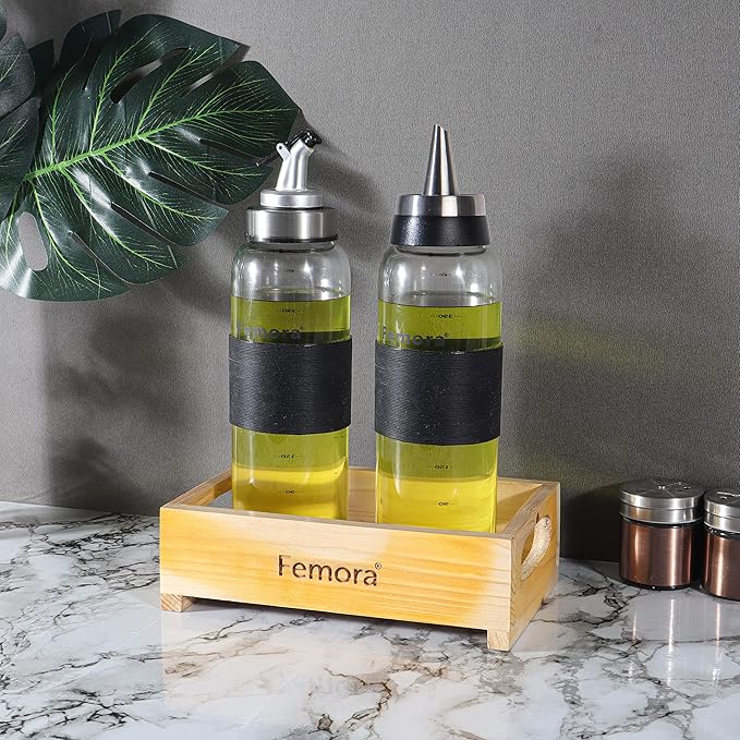 Femora Borosilicate Glass Oil Bottle | 500 Ml | 2 Pieces | In One Wooden Tray for Kitchen