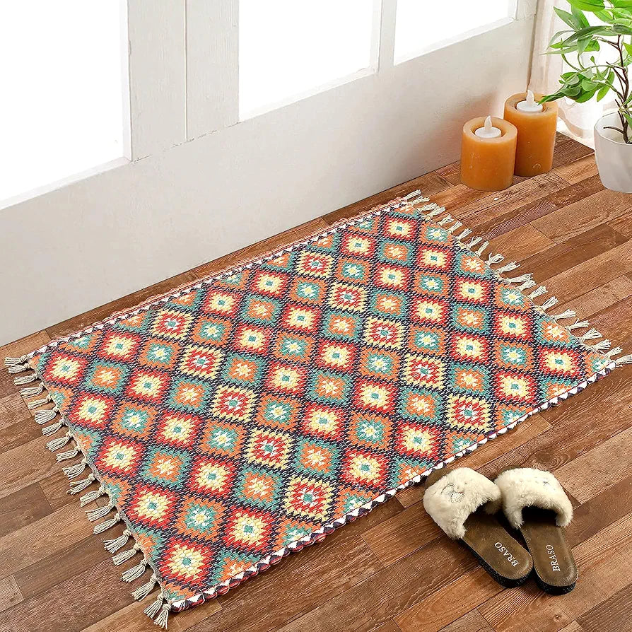 Homadorn Handmade Sustainable Printed Modern Dhurrie/Rugs/Carpet Colour Green
