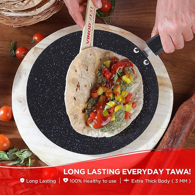 Vinod Zest Marbilo Aluminium Non Stick Concave Tawa - 24 cm | Roti / Chapati Tawa | 3 mm Thick | 5 Layer Coating | Stain Resistant
