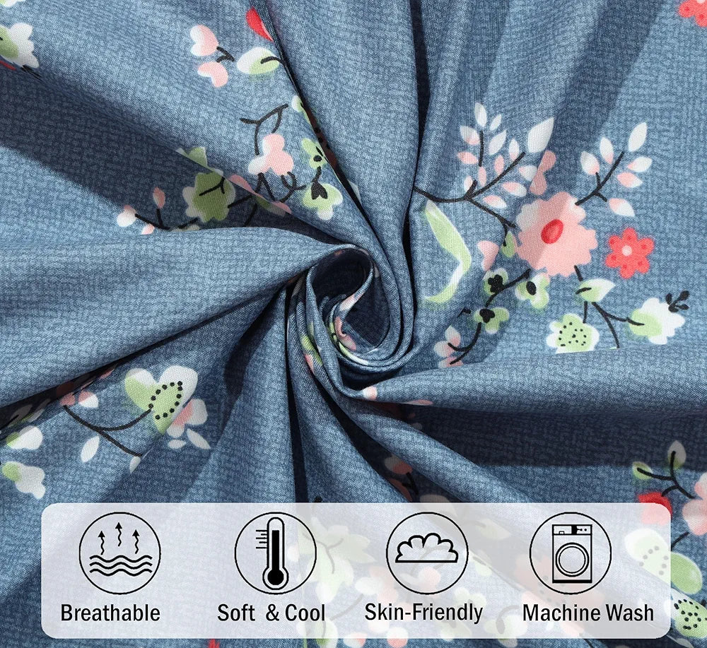 Fresh From Loom Anti Fade Floral Print 240 TC Microfiber King Size Fitted Bedsheet with 2 Pillow Covers Greyish-Blue
