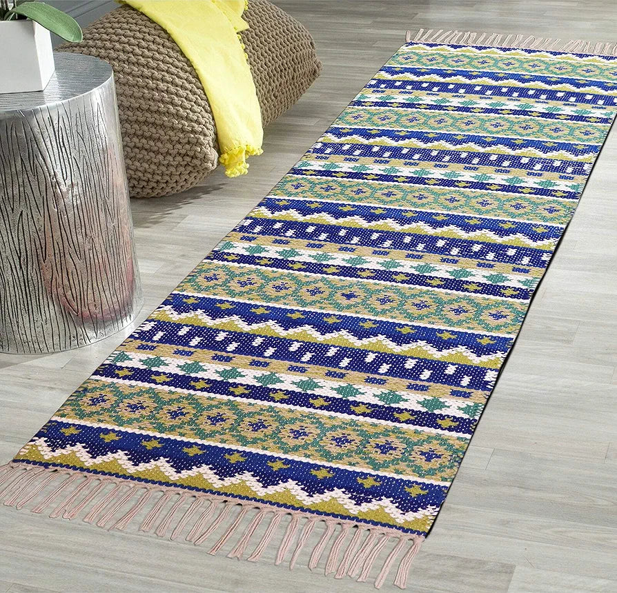 The Home Talk Handmade Cotton Carpets Tribal Contemporary Decorator Bedside Runner Beige
