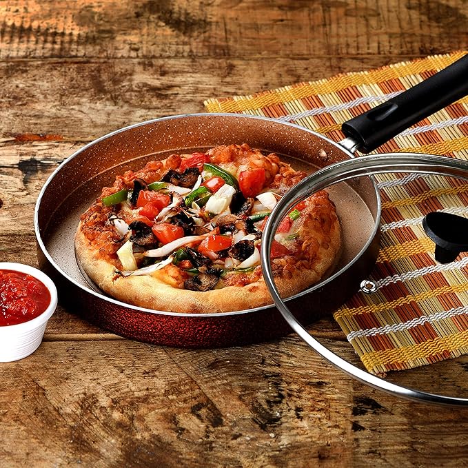 Sumeet Aluminium Nonstick Pizza Pan with Glass Lid (24cm Peach)