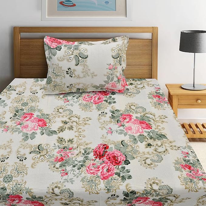 Huesland by Ahmedabad Cotton 144 TC Cotton King Size Bedsheet with 2 Pillow Covers - Beige, Pink, Green