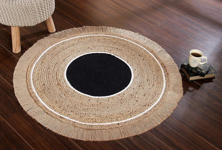 Sashaa World JuteRugs Indian Handmade Braided Round Carpet Colour Black & Beige