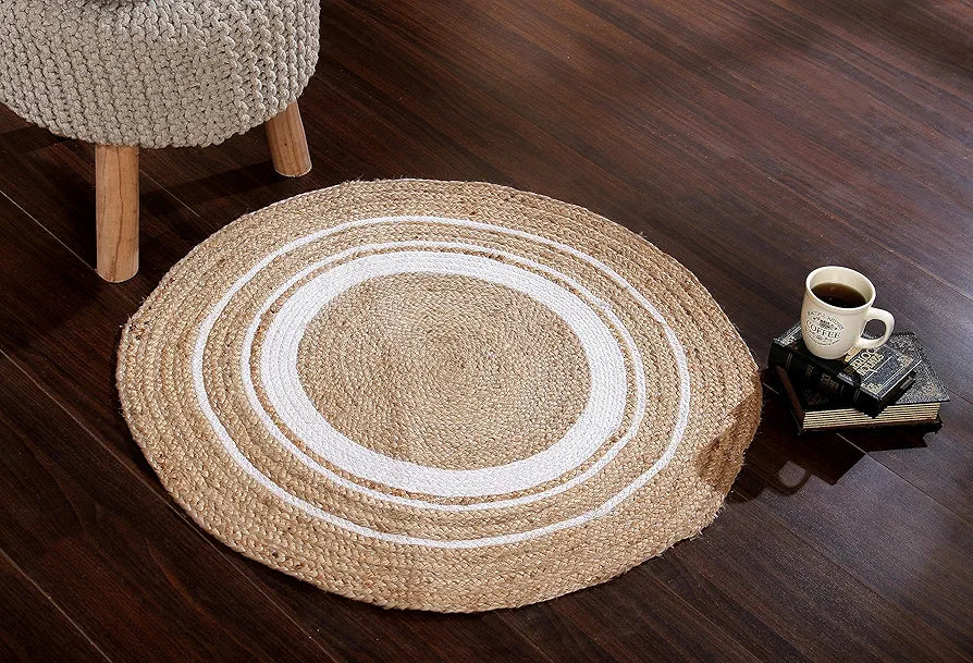 Sashaa World Indian Handmade Braided Jute Round Rugs for Home Décor Colour Beige white